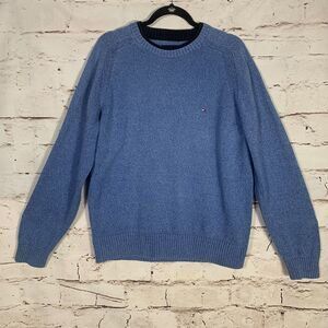 Tommy Hilfiger Y2K Blue Crewneck Sweater Men’s Large Classic Logo Knit Preppy